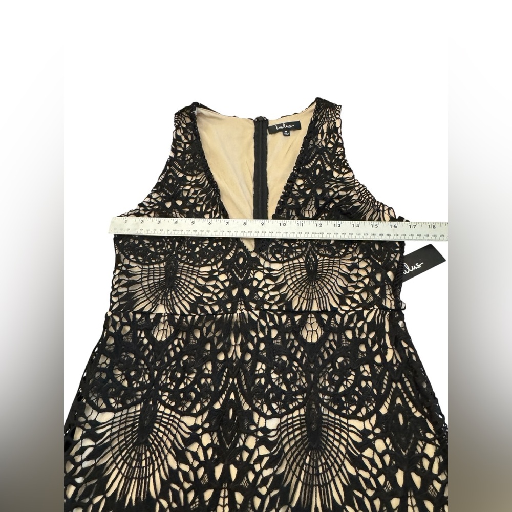 Lulu's Black & Gold Lace-Overlay Deep V Mini Dress - Picture 14 of 16